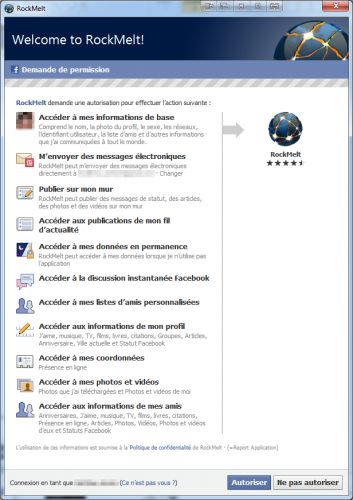 Autorisations Facebook demandées par RockMelt